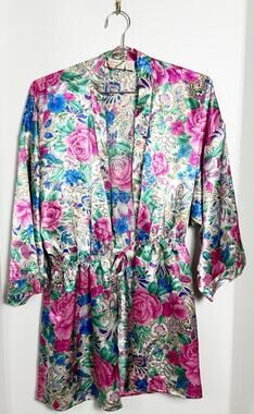 Victorias Secret Vintage Gold Label Roses Floral Satin Dressing Robe Sz M/L